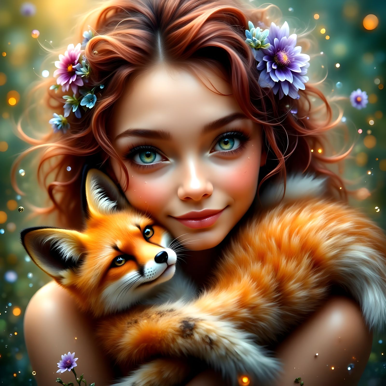 Ethereal Dreamscapes: Young Woman with Fox in Whimsical Gard...