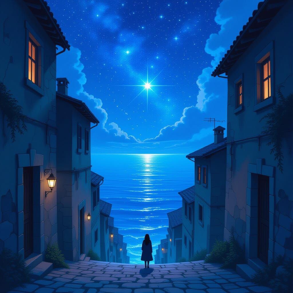 Shadowy Alley Opens to Vast Starlit Sea