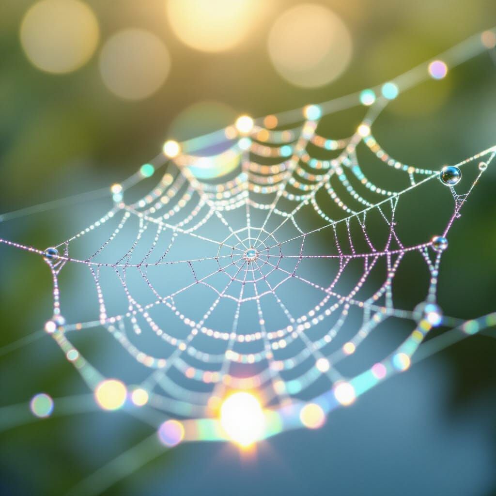 Spiderweb with Water Bubbles Reflecting Rainbow Light