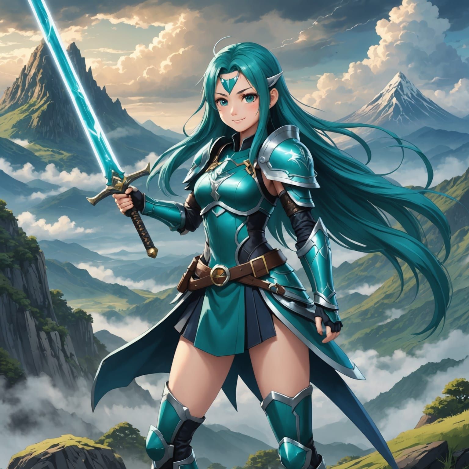 Anime Girl with Thunder Sword and Armor