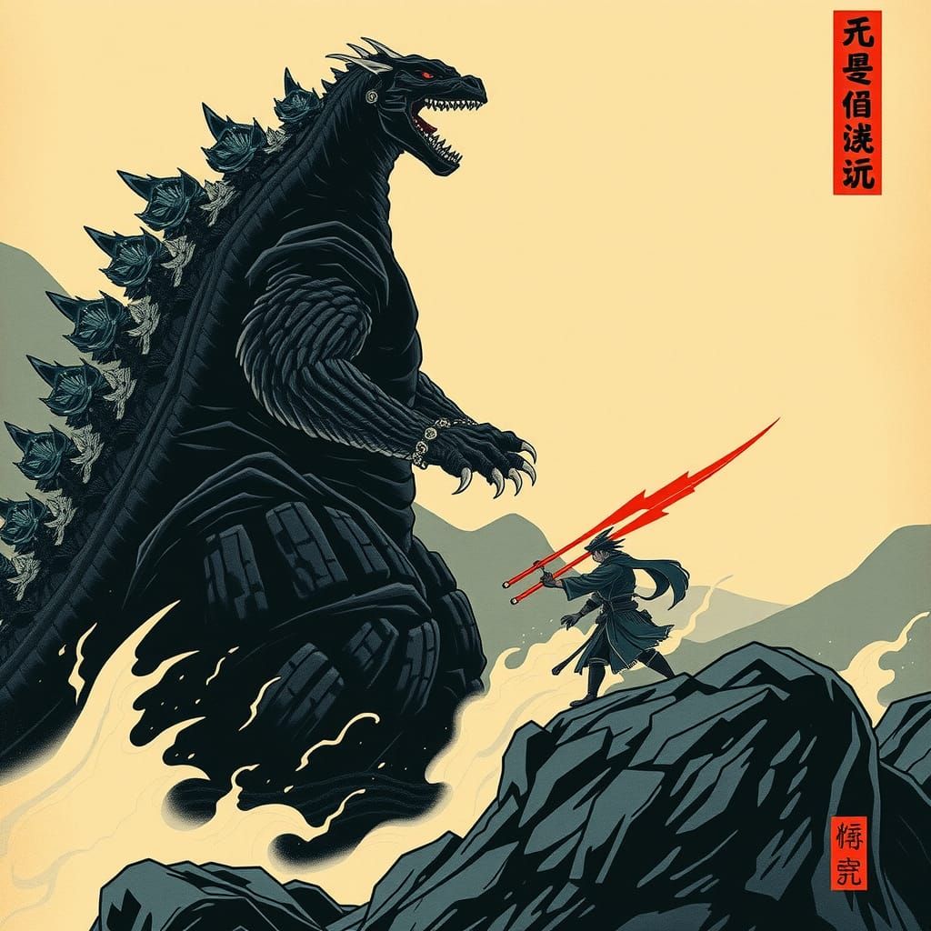 Godzilla vs Samurai in Ukiyo-e Style