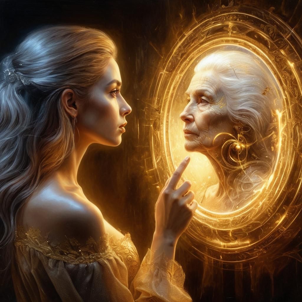 Woman and Older Self in Magic Mirror