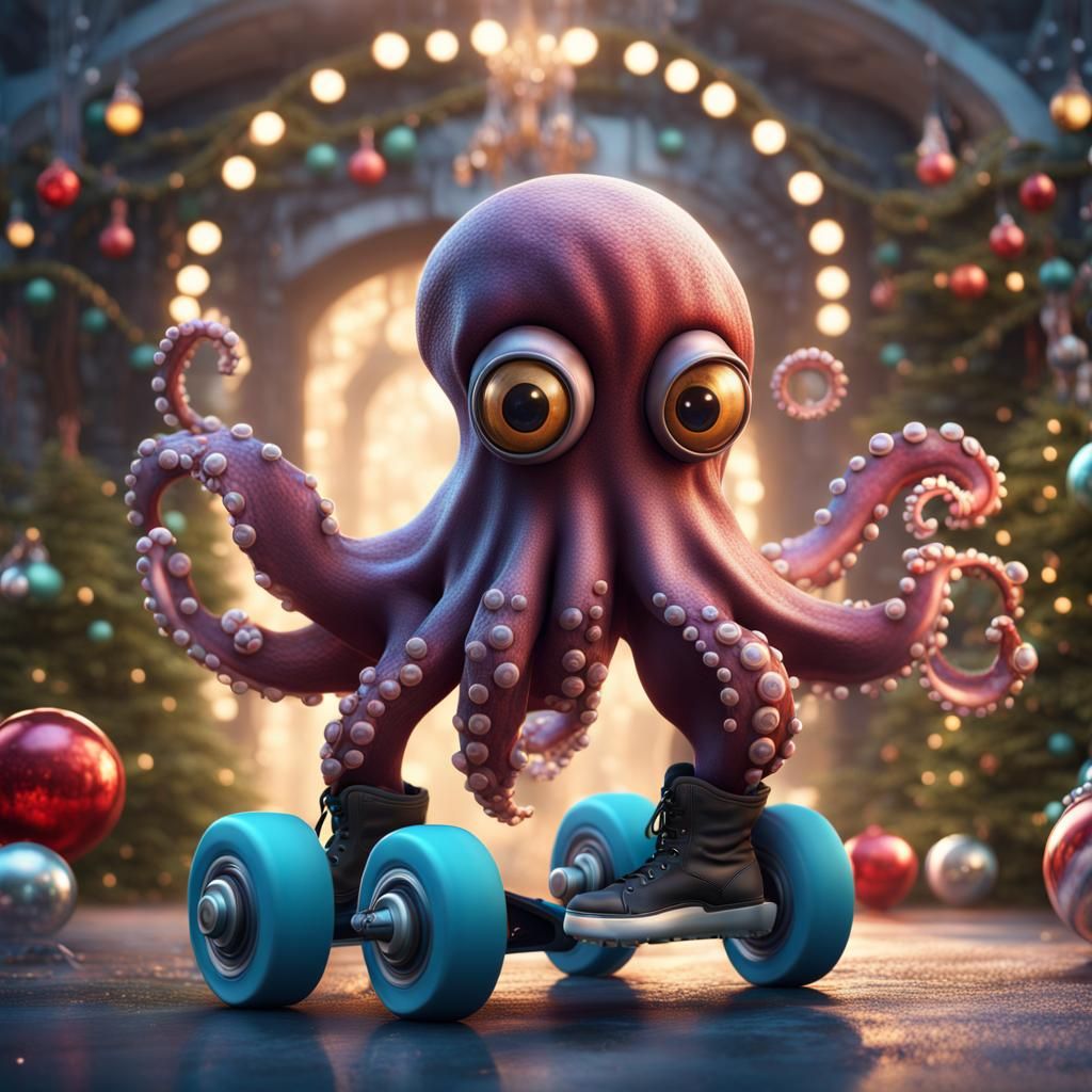 Holiday Octopus on Roller Skates: Detailed Digital Art