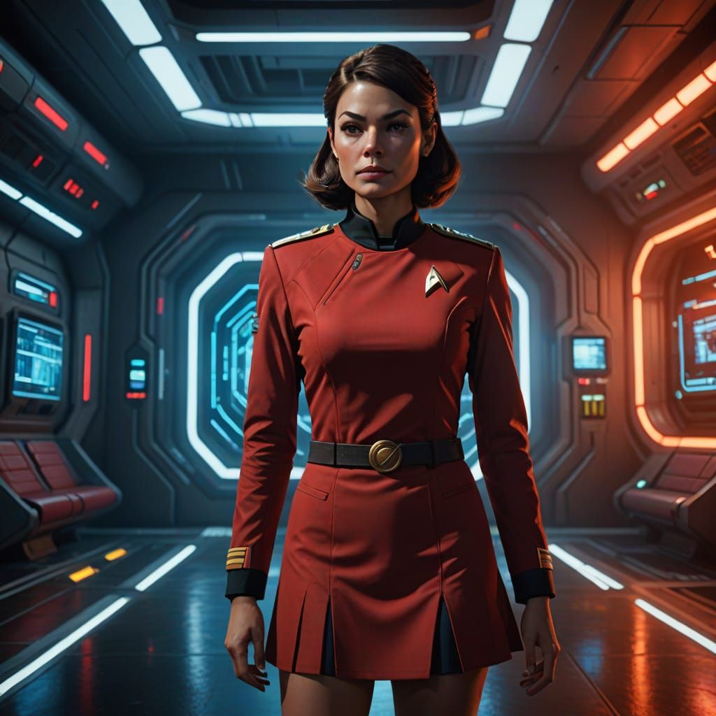 Brunette Woman in 1960s Star Trek Uniform