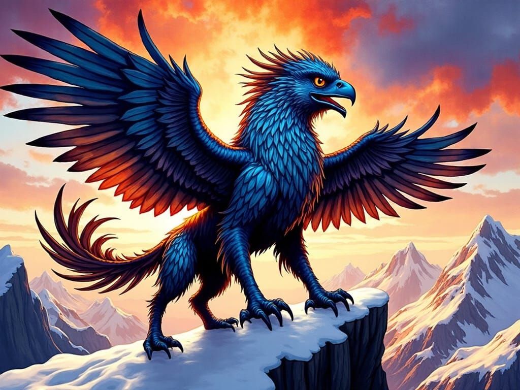 Majestic Griffin Perched Atop Snowy Peak