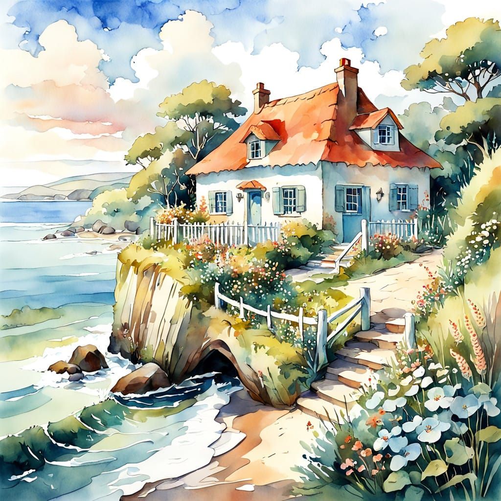 Cozy Watercolor Cottage on Seaside Cliffs