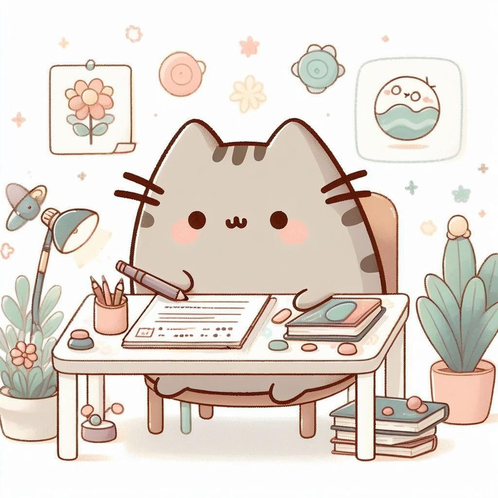 Pusheen Cat Studying: Pastel Nursery Art