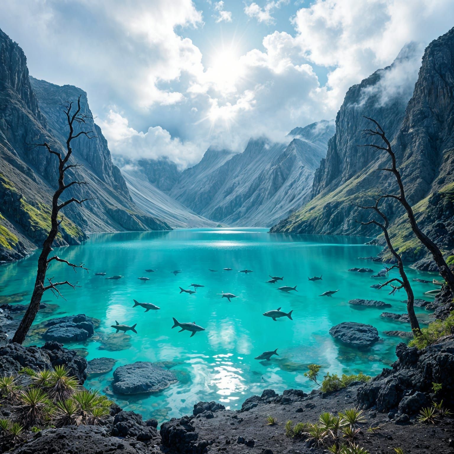 Ethereal Volcanic Island Lake with Strange Creatures
