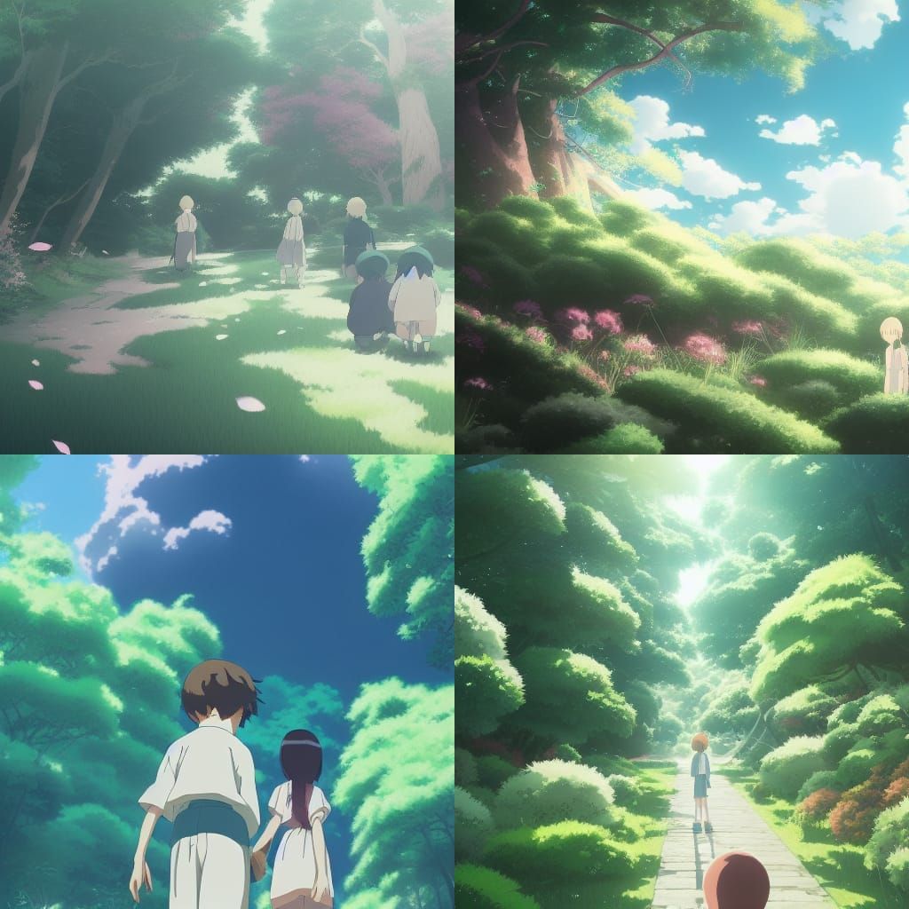 Green and White Anime Landscape in Ghibli Style