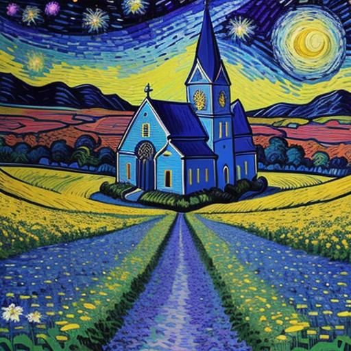 Church in Field of Flowers Under Starry Night Sky