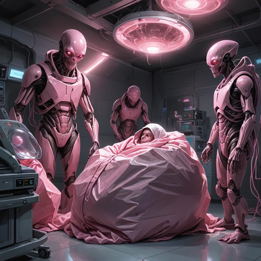 Eerie Sci-Fi Scene: Humanoid Cocoon and Grey Aliens