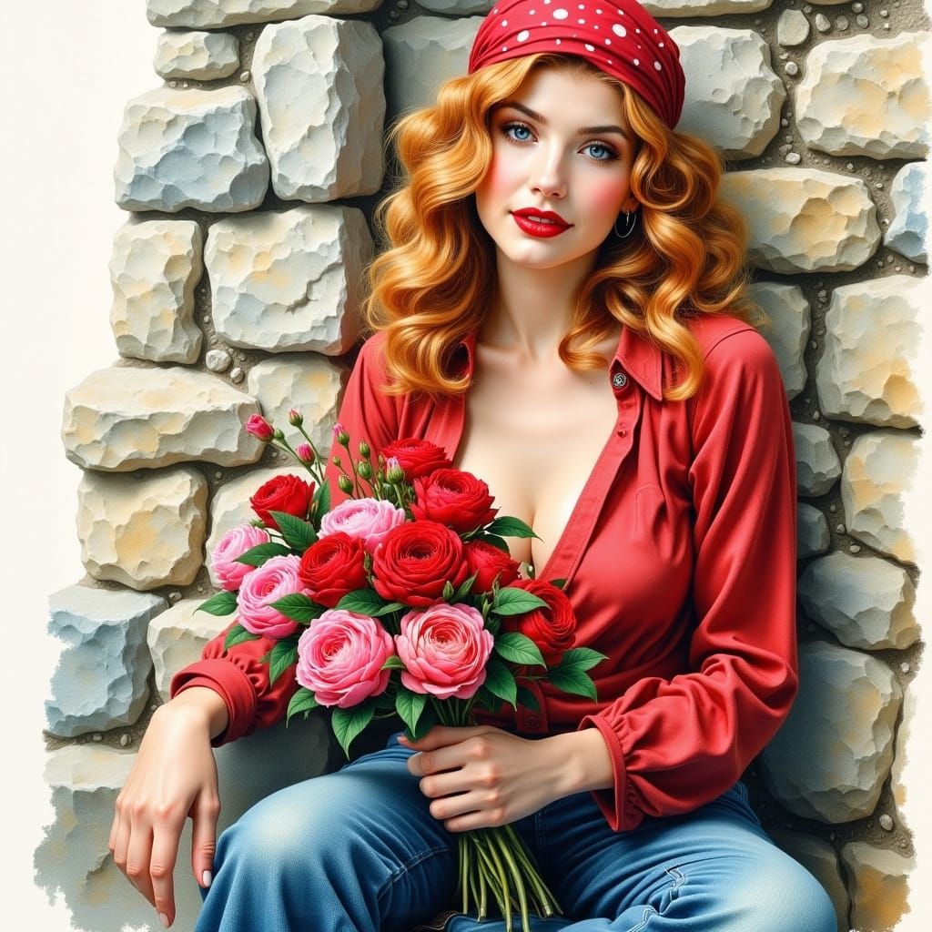 Elegant Lady in Red, Pink Roses, and Soft Watercolor Hues