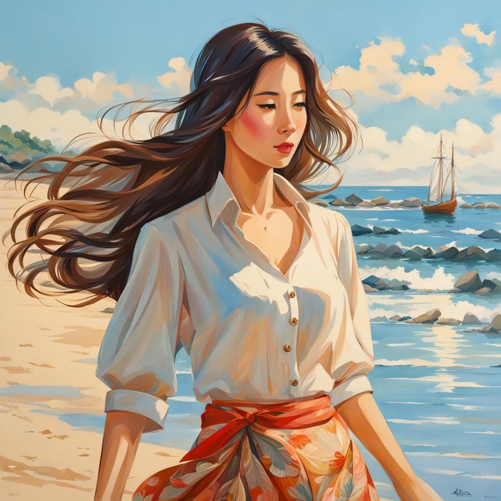 East Asian Woman Walking on Sunny Shoreline