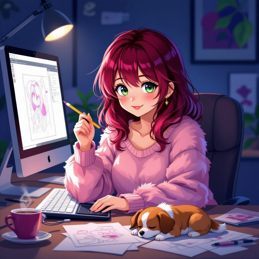 Anime Woman Working at Computer in Cel-Shaded Style