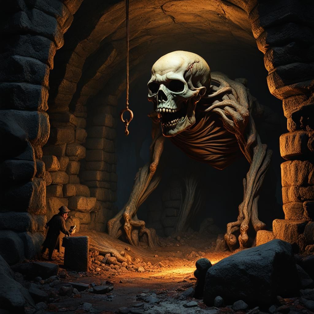 A monster lurking in the catacombs bellow Paris, gnawing bones of the dead