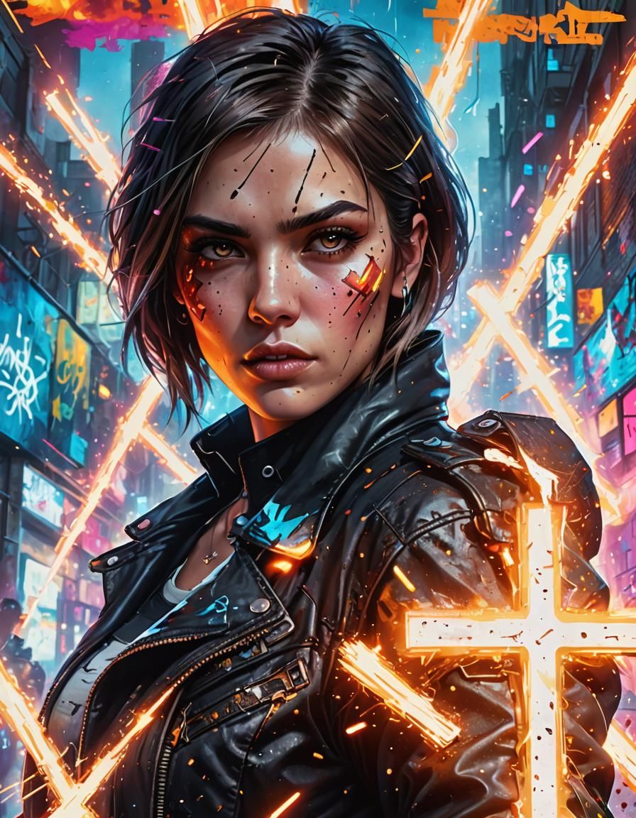 Woman with Cross Gun in Cyberpunk Cityscape