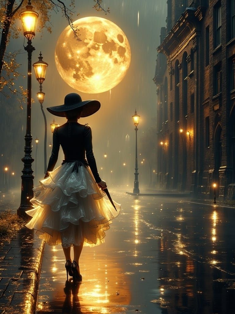 Elegant Woman Walks Under a Full Moonlit Cobblestone Street ...
