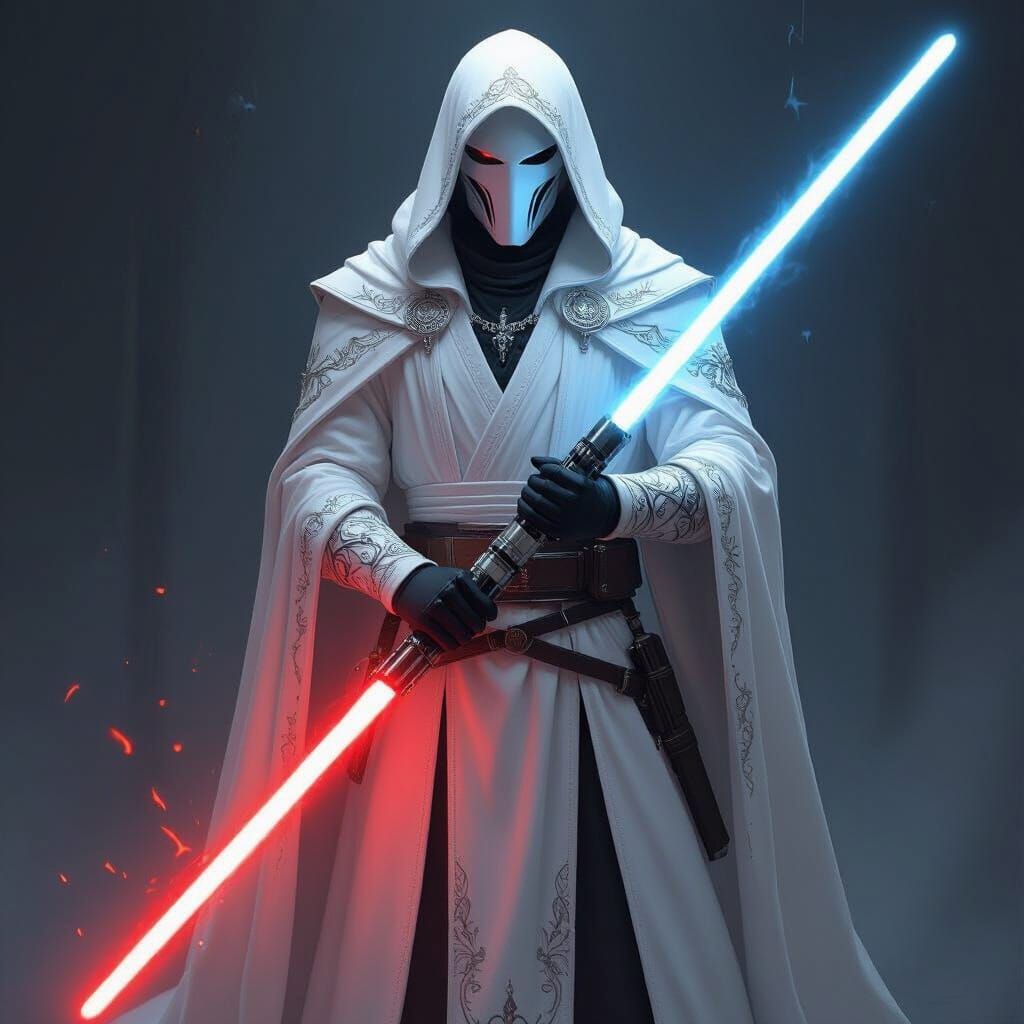 Elegant White-Robed Sith Lord with Double Lightsaber