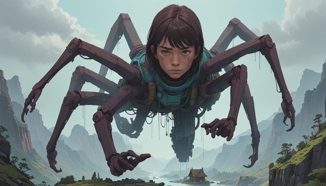 Whimsical Canyon Village in Vibrant Pen and Ink Style