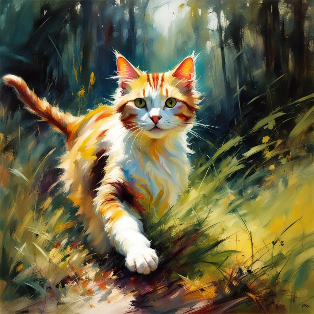 Cat Frolicking in Forest Clearing as Matte Painting