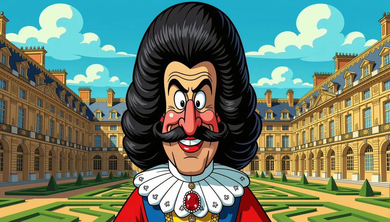 Exaggerated King Louis XIV Caricature in Cartoon Style