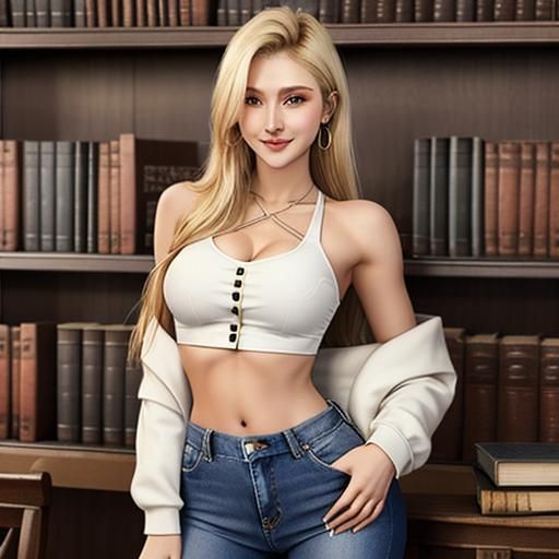 Blonde Woman Posing in Library with Crop Top