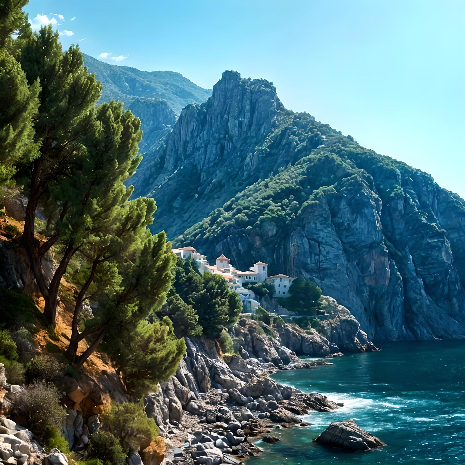 Mediterranean Village on Rocky Coast: Digital Matte Painting