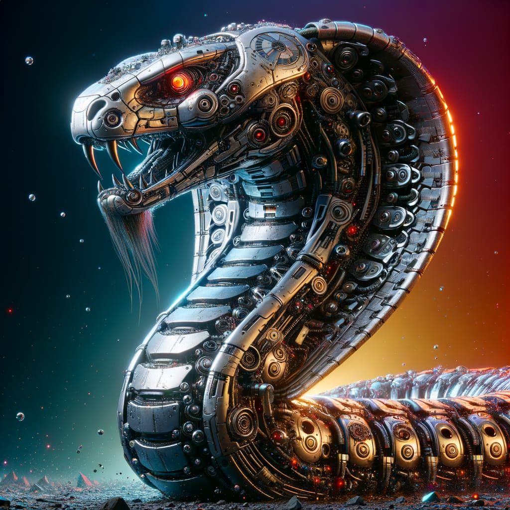 Cyberpunk King Cobra in Hyperrealistic Metallic Armor