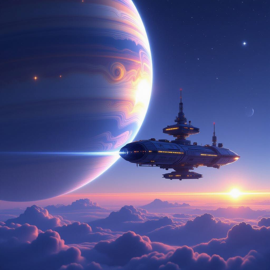 Futuristic Space Station Orbits Gas Giant