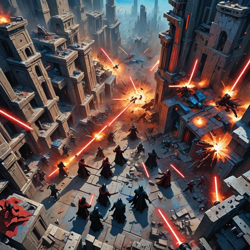 Jedi and Sith Clash in Explosive Oil Painting