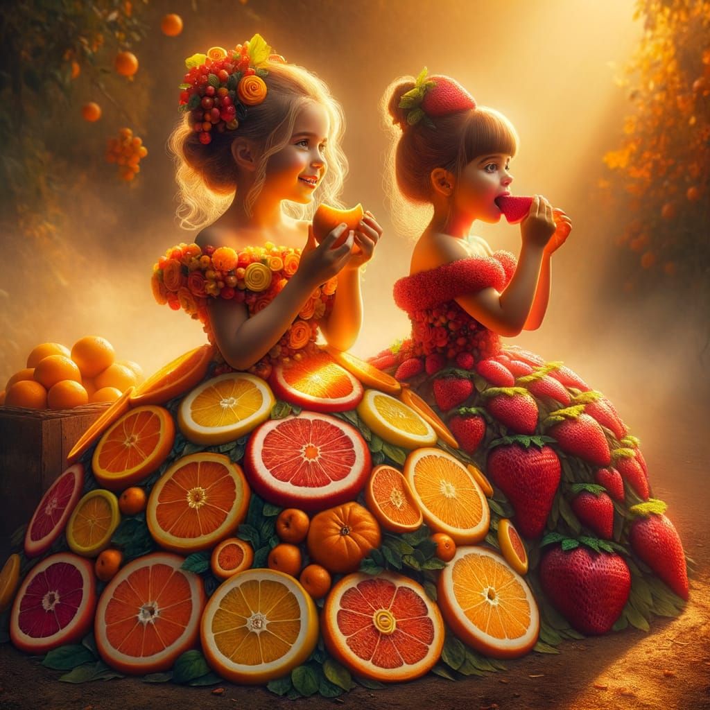 Girls in Fruit Dresses in Luministic Style