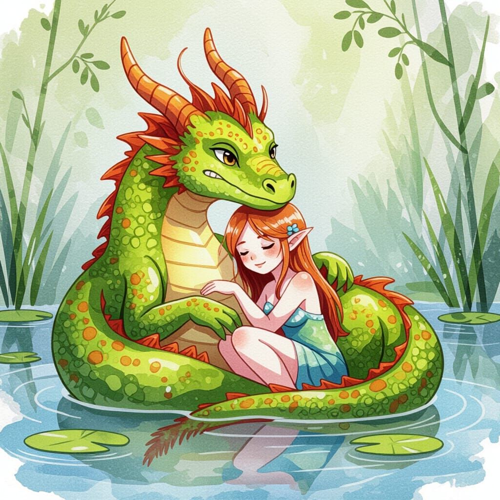 Water Dragon Cuddles Nymph in Watercolor Style