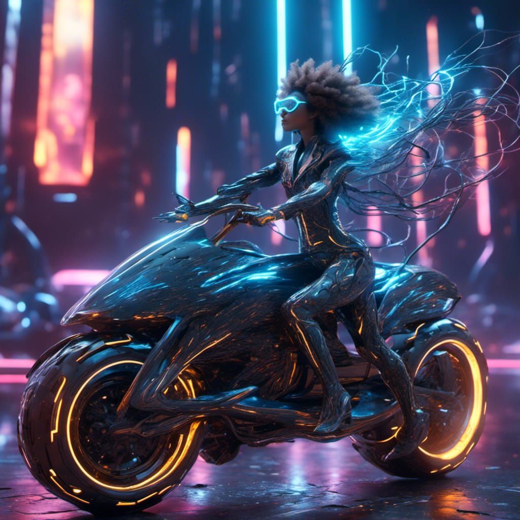 Afrofuturist Sorceress on a Futuristic Motorcycle