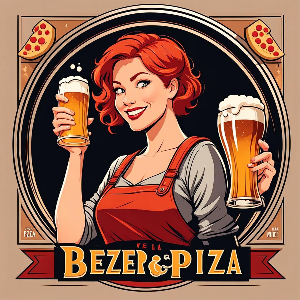 Beer and Pizza Bar Logo with Redhead Woman