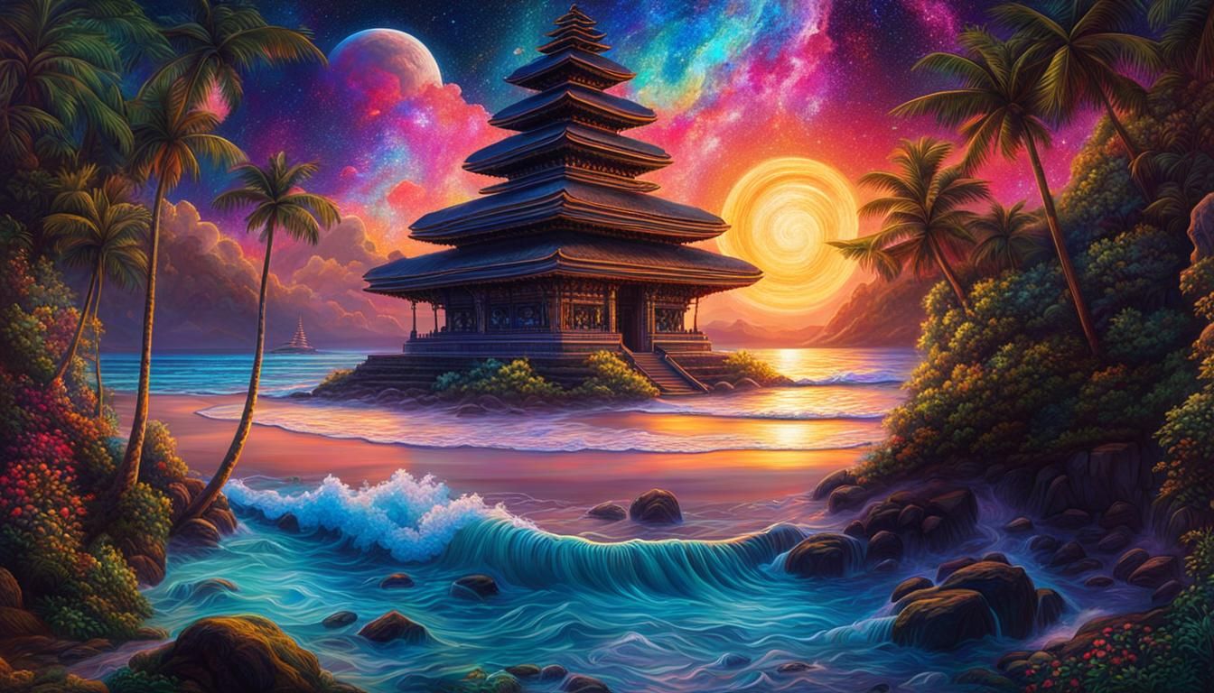 Bali Beach Temple: Holographic Astral Illustration
