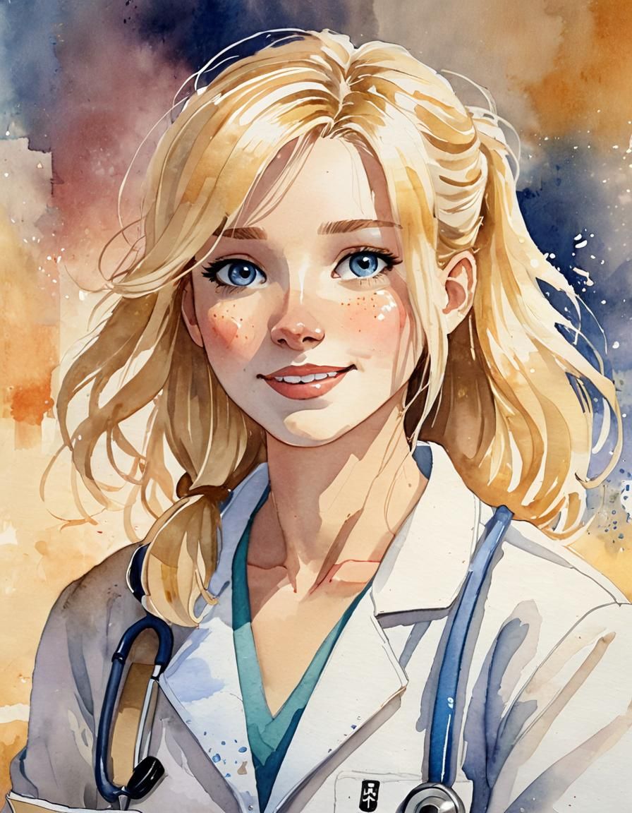Charming Anime Portrait of Doctor in Watercolor Style