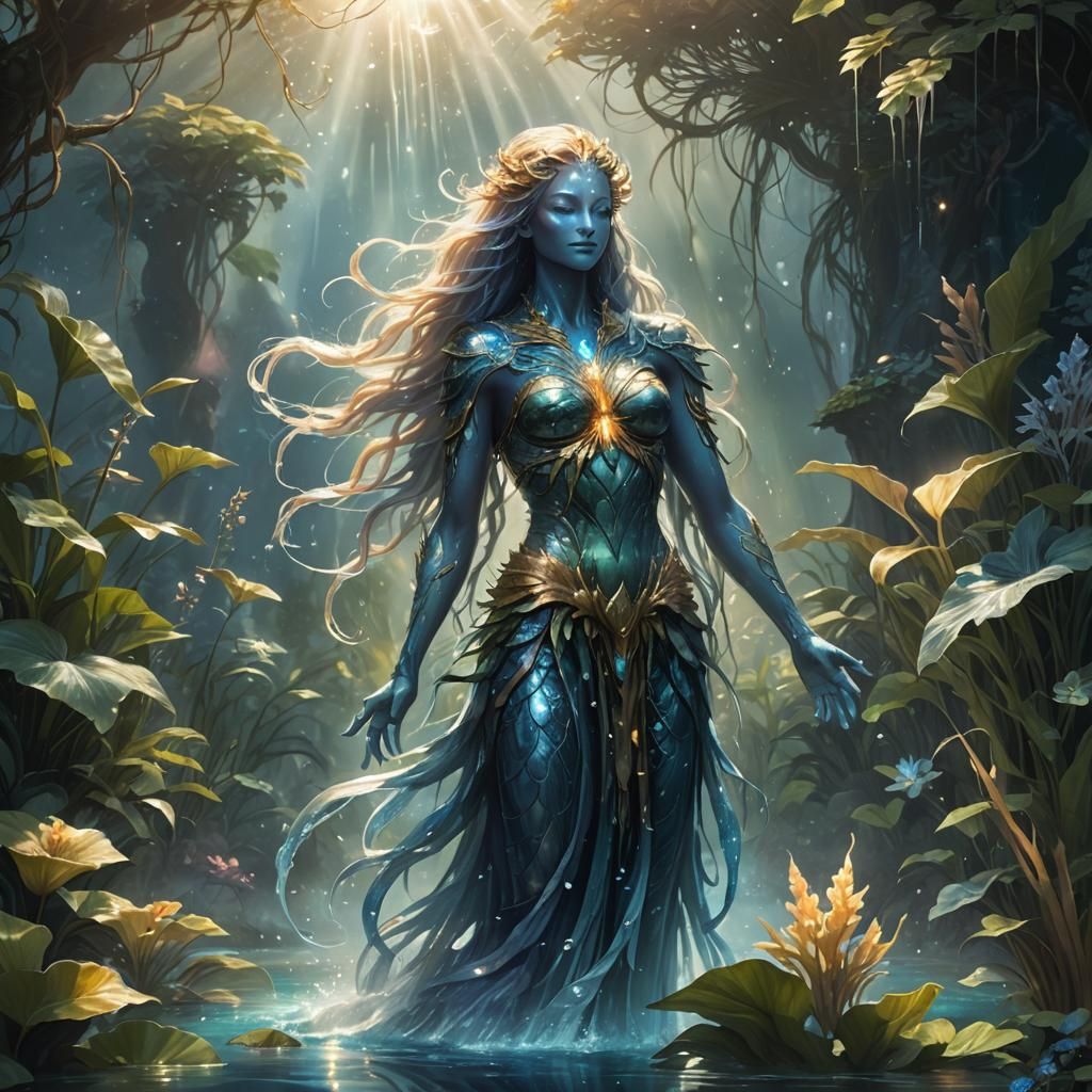Majestic Water Spirit in Aquatic Aura: Fantasy Art