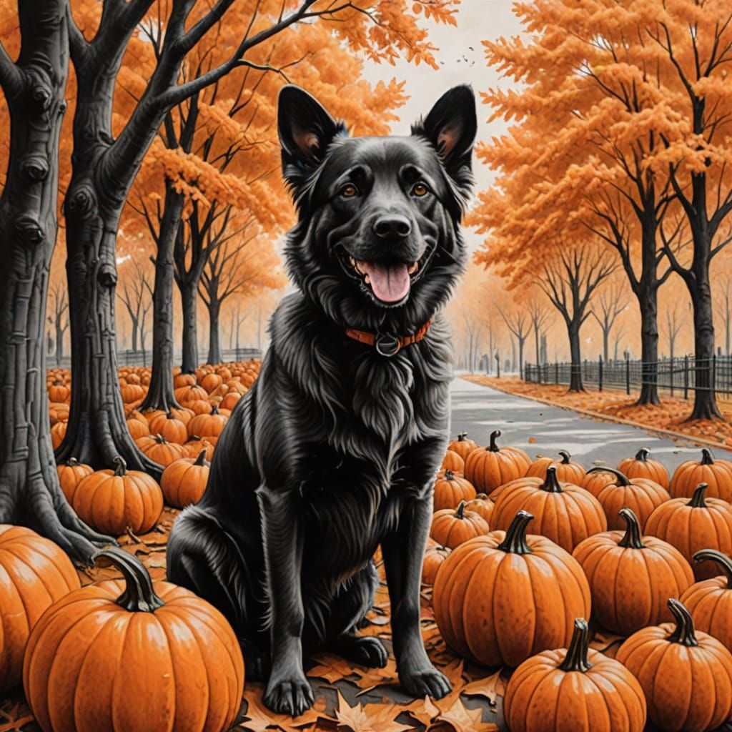 Happy Dog and Pumpkins in Autumn Charcoal Drawing