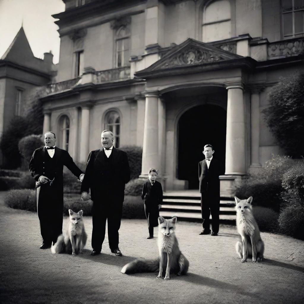 Fox Family Portrait Outside Stately Home, Vintage Style