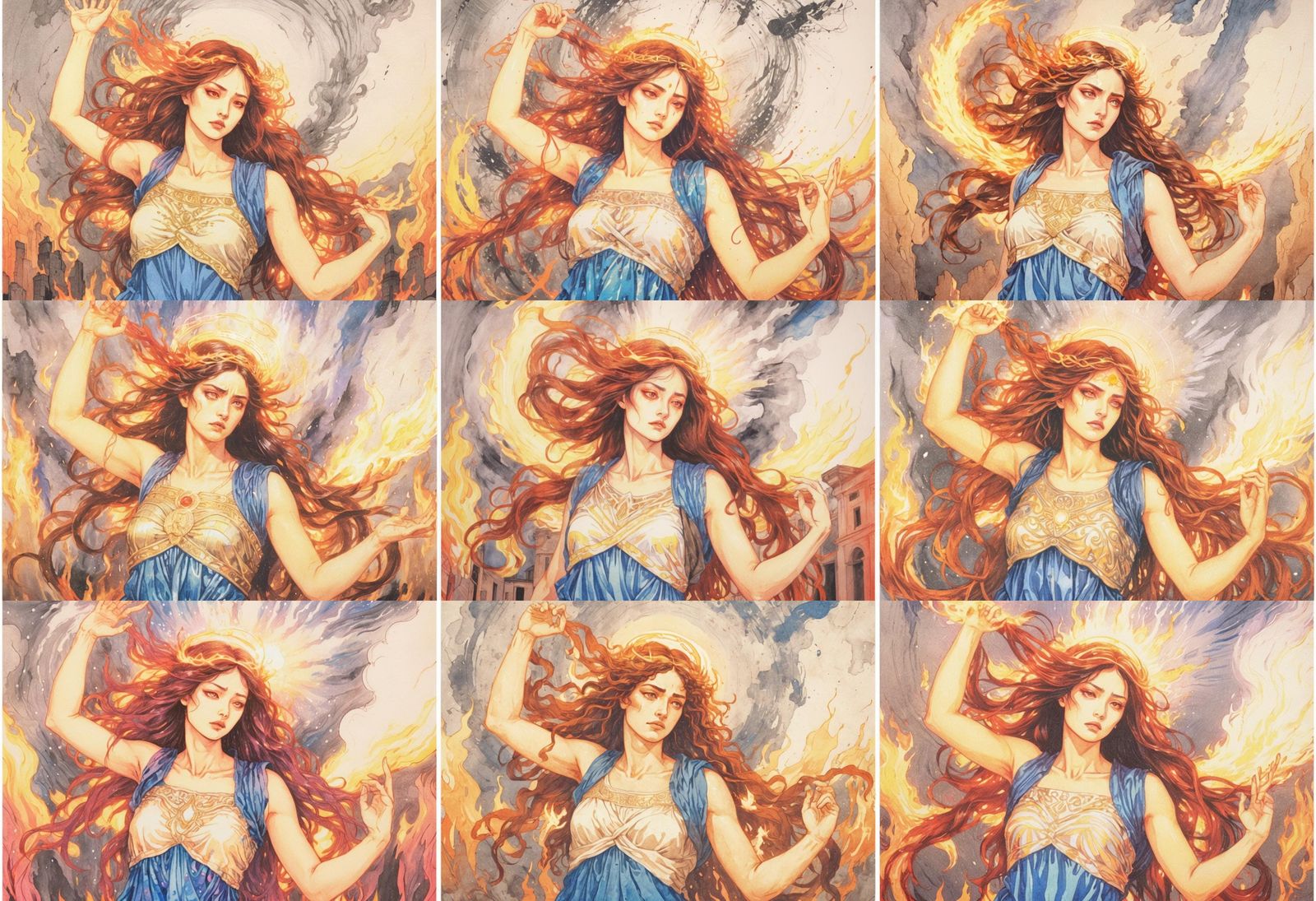 Greek Woman Sketch with Fiery Halo in Junji Ito Style