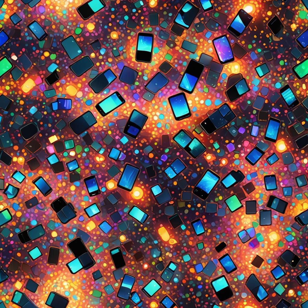 Mosaic Cell Phones Swirling Around Rainbow