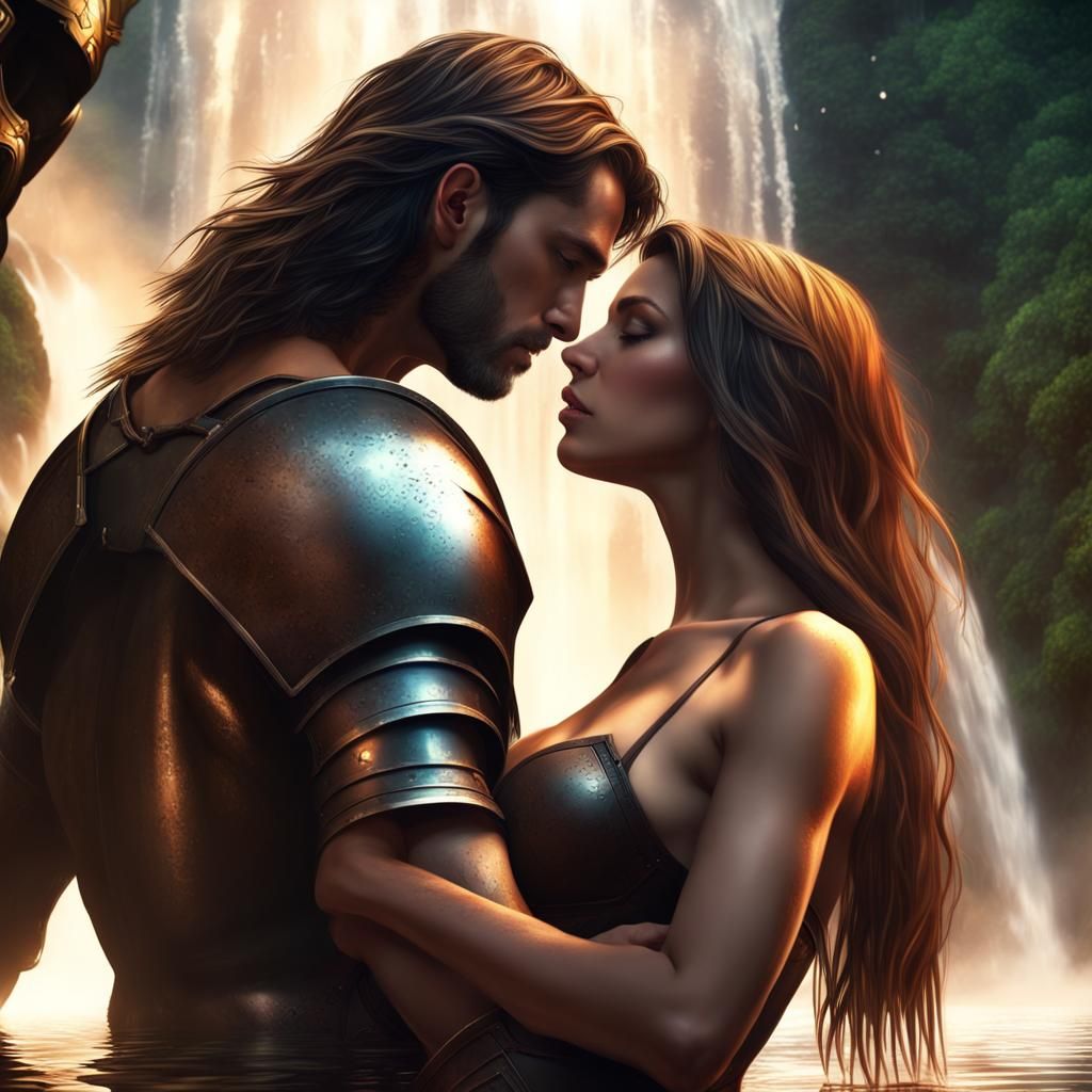 Fantasy Knight Kissing Woman Under Waterfall
