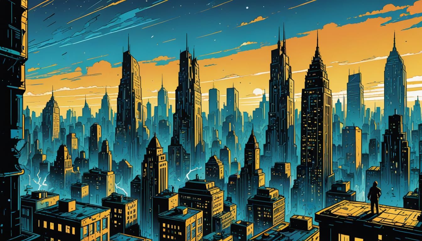 Retro Futurist Cityscape in Vibrant Neoimpressionist Style