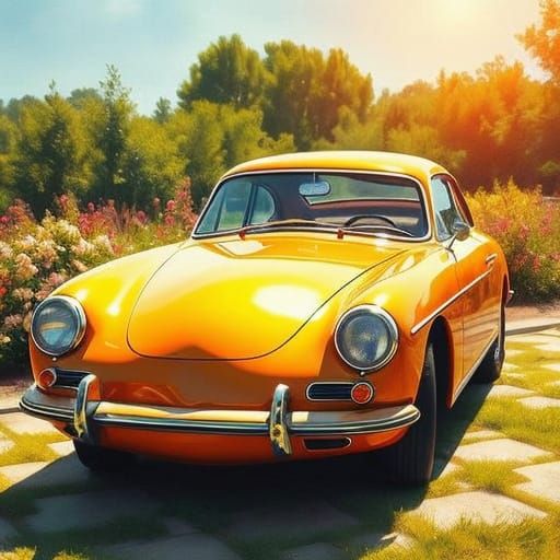 Classic Car Gouache Painting in Impressionist Style