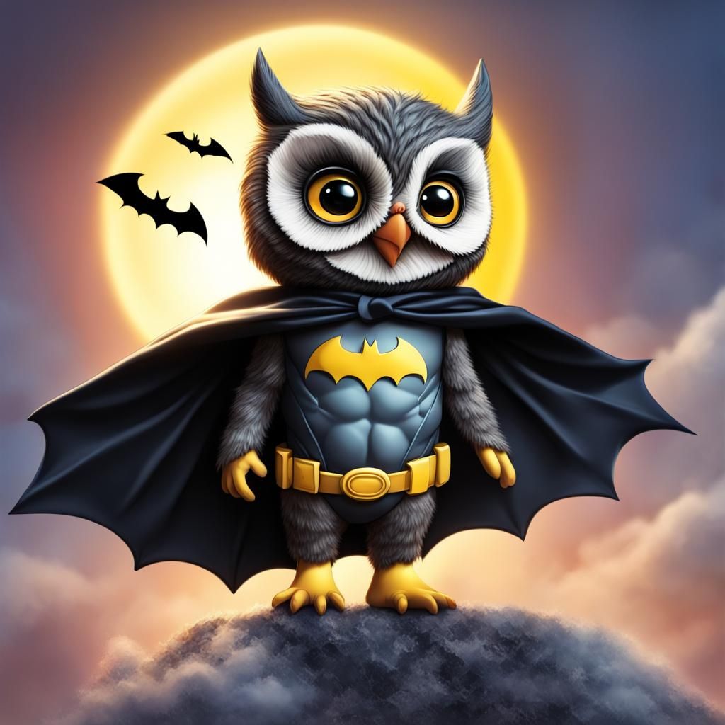 Baby Owl as Batman in Hyperrealistic Style