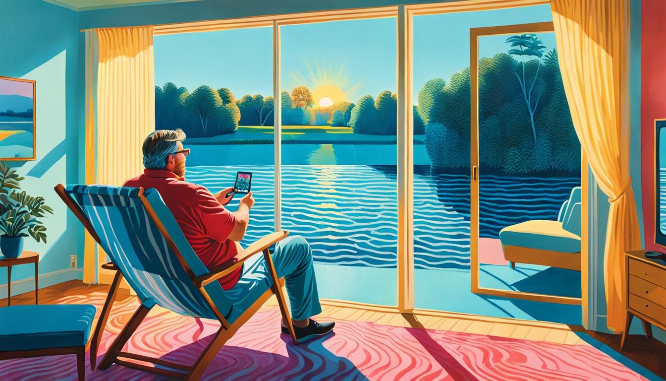 Man Relaxing in Deck Chair: Surrealist Hockney-esque Scene