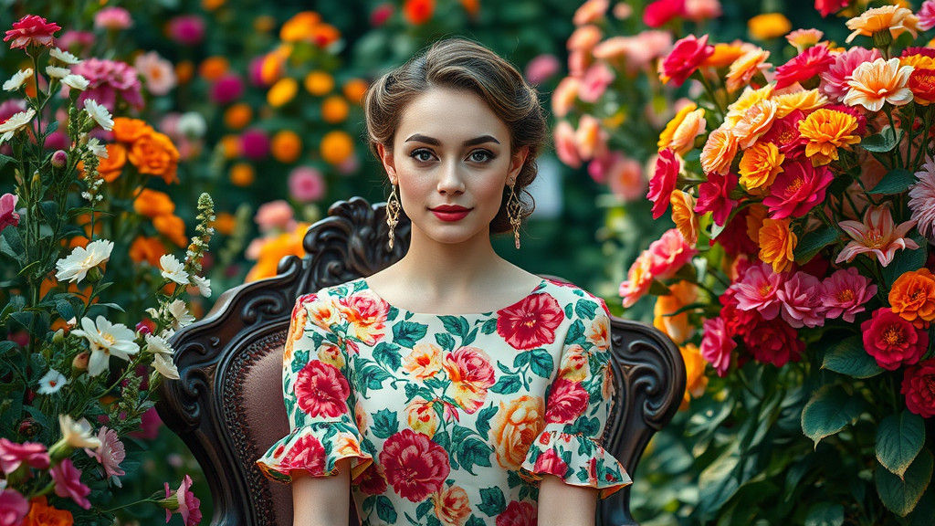 Elegant Lady in Floral Garden, Surrealist Fashion Poster