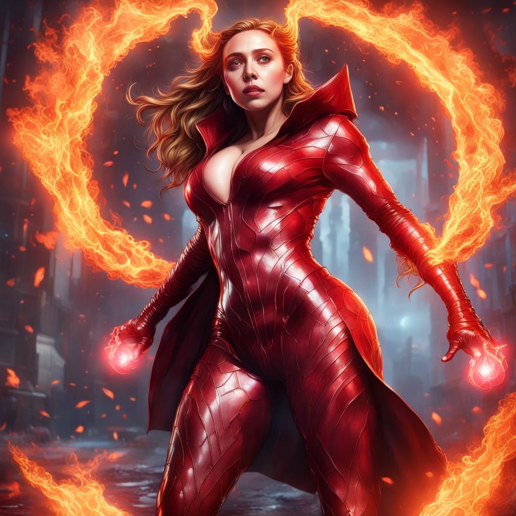 Scarlett Witch in Fiery Battle, Dark Fantasy Art