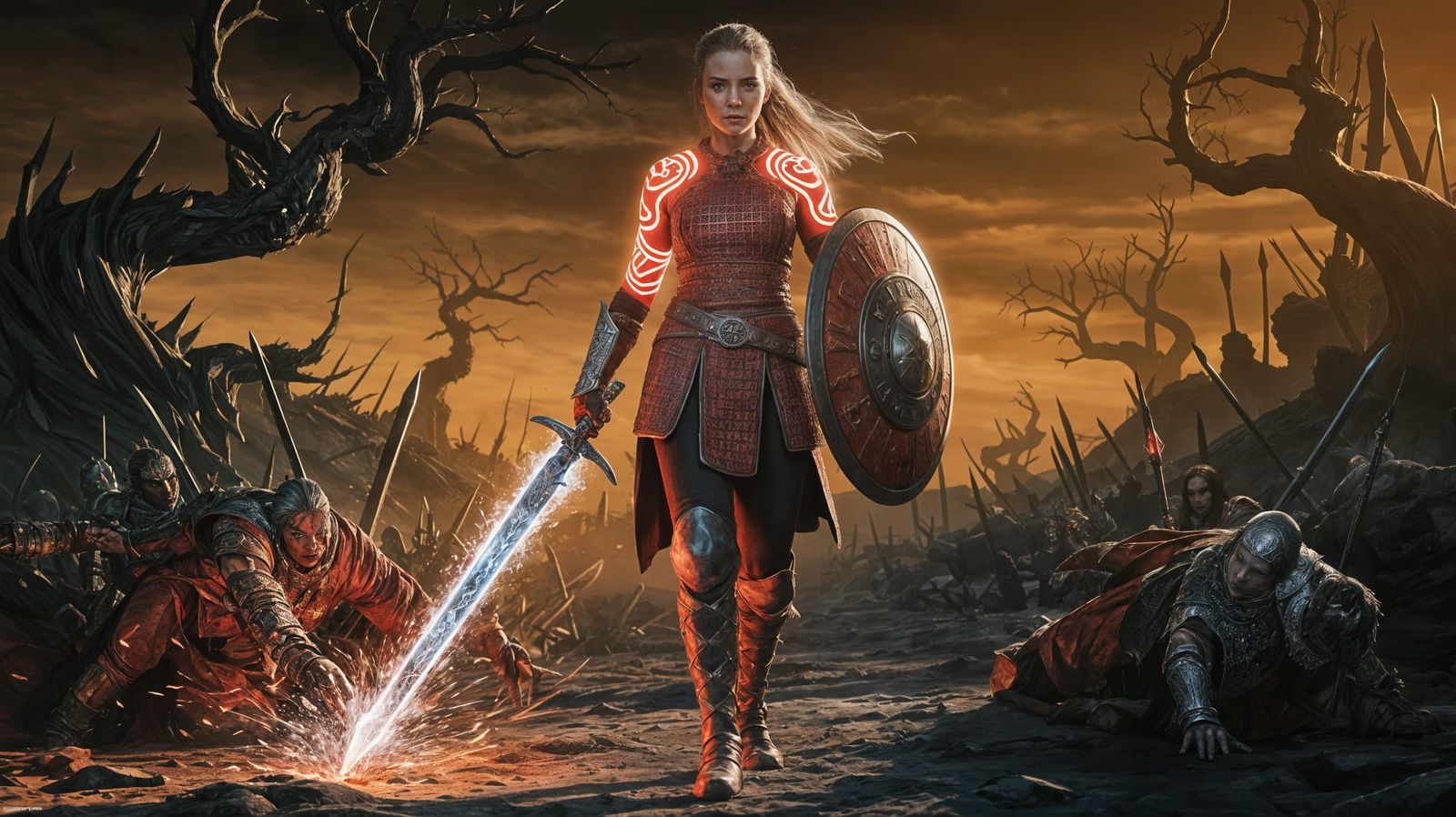 Glowing Warrior in Dark Fantasy Landscape