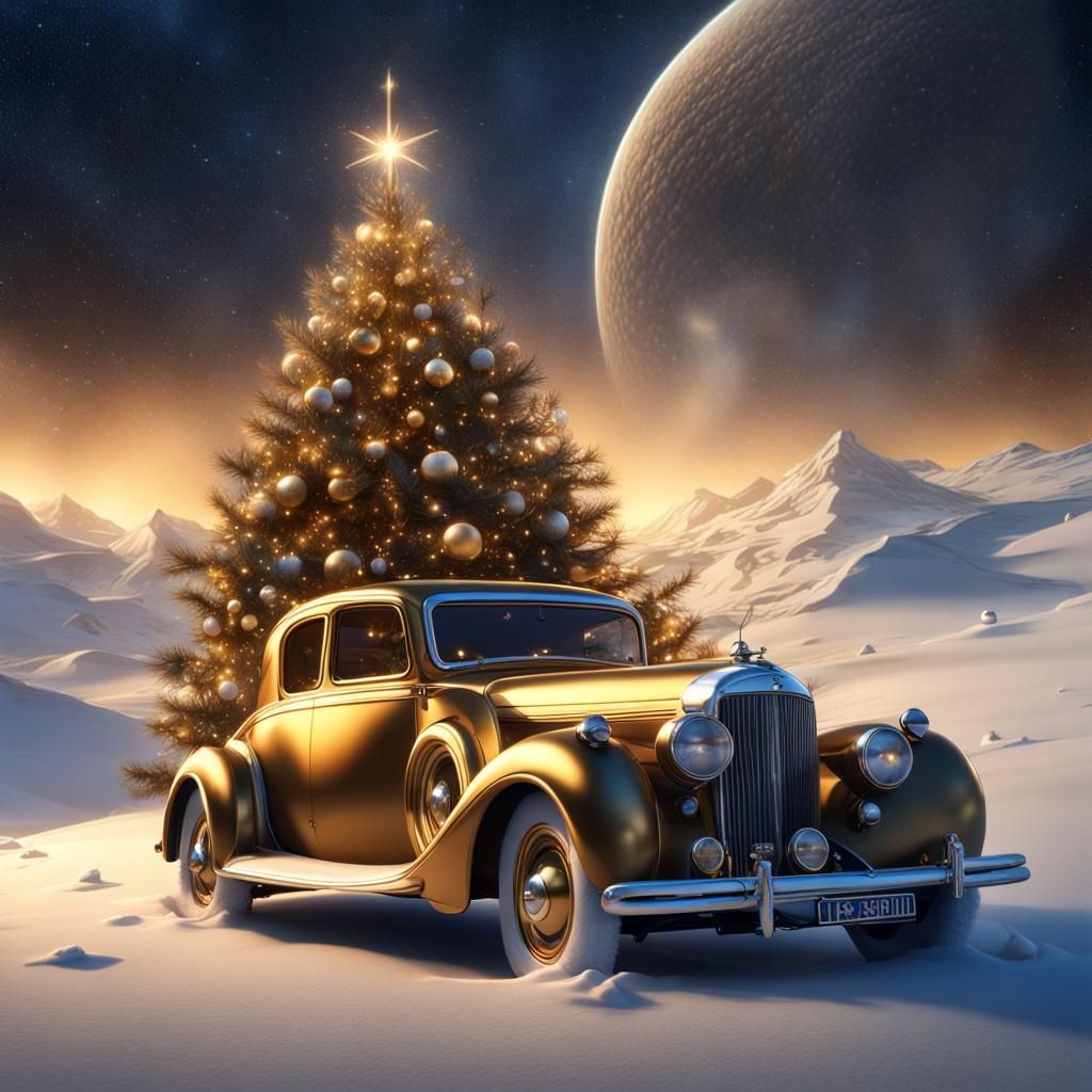 Golden Christmas Car Against Starry Cosmos: 3D Art